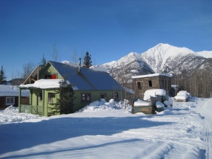 Here is our cabin with Fireweed Mountain behind it. The old burned down building in the background is the old Golden Saloon. McCarthy was originally a mining town. And no mining town is complete without a brothel and bar. The brothel was located a couple of blocks to the left and up the McCarthy Creek.