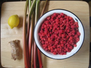 Besides sugar, all you really need to make this jam is lemon, ginger, rhubarb, and raspberries.